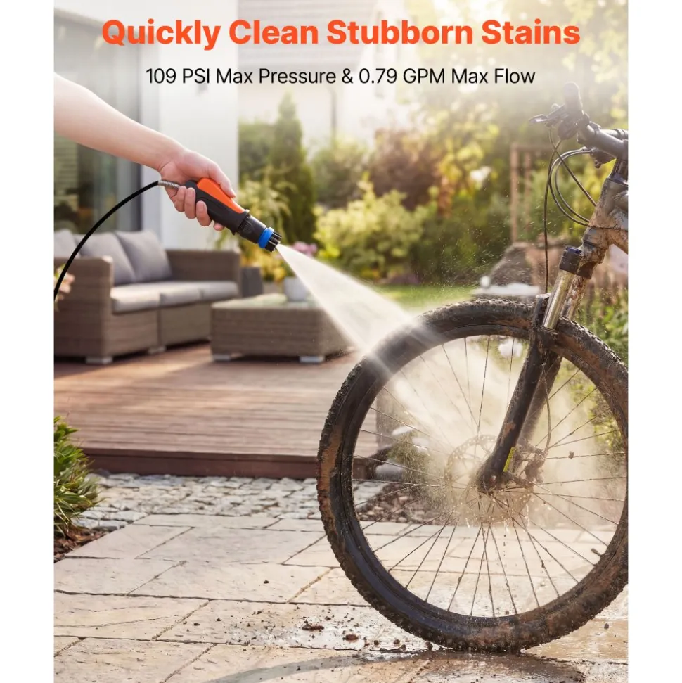 VEVOR Portable Cordless Pressure Washer with 2.64 Gal Tank, Foldable Power Washer 109 Max PSI, 3 Nozzles, Magnetic Sponge Brush & Soft Bristle Brush,78.7 in Hose, for Bike Cleaning, Patio, Camping