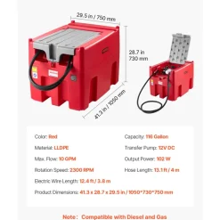 VEVOR Portable Diesel & Gasoline Tank, 116 Gallon, 10 GPM Flow Rate, Diesel Fuel Tank with 12V Electric Transfer Pump, 13.1ft Hose, Auto Fueling Nozzle, Transfer Tank for Easy Fuel Transportation, Red