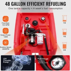 VEVOR Portable Diesel & Gasoline Tank, 48 Gallon, 10.6GPM Flow Rate, Diesel Fuel Tank with 12V Electric Transfer Pump, 13.1ft Hose, Auto Fueling Nozzle, Transfer Tank for Easy Fuel Transportation, Red