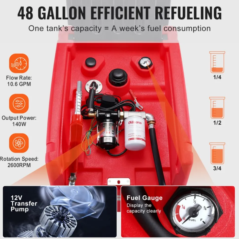 VEVOR Portable Diesel & Gasoline Tank, 48 Gallon, 10.6GPM Flow Rate, Diesel Fuel Tank with 12V Electric Transfer Pump, 13.1ft Hose, Auto Fueling Nozzle, Transfer Tank for Easy Fuel Transportation, Red