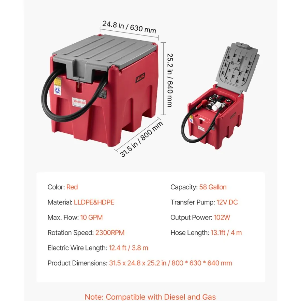 VEVOR Portable Diesel & Gasoline Tank, 58 Gallon, 10 GPM Flow Rate, Diesel Fuel Tank with 12V Electric Transfer Pump, 13.1ft Hose, Auto Fueling Nozzle, Transfer Tank for Easy Fuel Transportation, Red