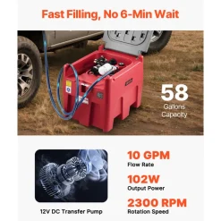 VEVOR Portable Diesel & Gasoline Tank, 58 Gallon, 10 GPM Flow Rate, Diesel Fuel Tank with 12V Electric Transfer Pump, 13.1ft Hose, Auto Fueling Nozzle, Transfer Tank for Easy Fuel Transportation, Red