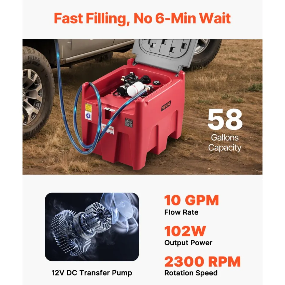 VEVOR Portable Diesel & Gasoline Tank, 58 Gallon, 10 GPM Flow Rate, Diesel Fuel Tank with 12V Electric Transfer Pump, 13.1ft Hose, Auto Fueling Nozzle, Transfer Tank for Easy Fuel Transportation, Red