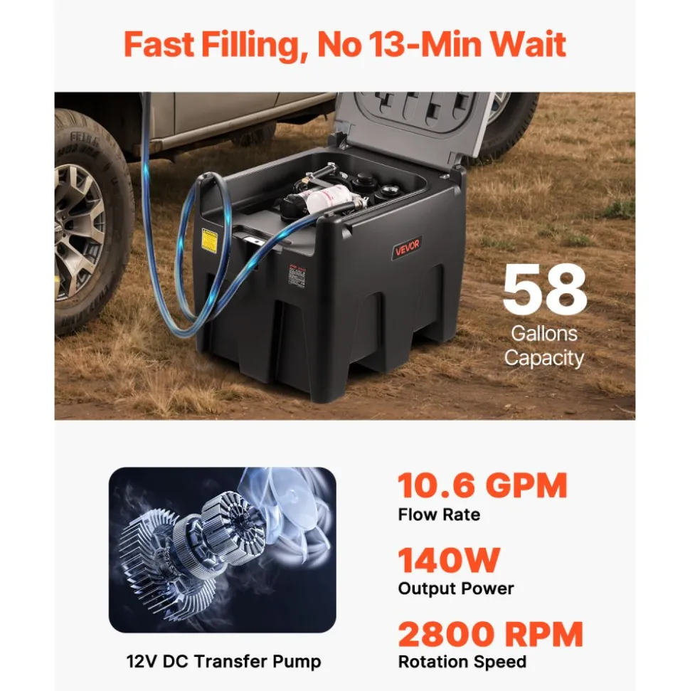 VEVOR Portable Diesel Tank, 58 Gallon Capacity & 10 GPM Flow Rate, Fuel Tank with 12V Electric Transfer Pump and 13.1ft Rubber Hose, PE Diesel Transfer Tanks for Easy Fuel Transportation, Black