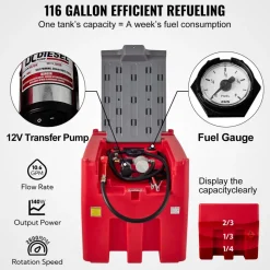 VEVOR Portable Diesel Tank, 116 Gallon Capacity & 10 GPM Flow Rate, Diesel Fuel Tank with 12V Electric Transfer Pump and 13.1ft Rubber Hose, PE Diesel Transfer Tank for Easy Fuel Transportation, Red