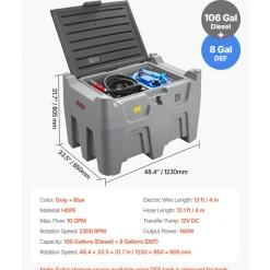 VEVOR Portable Diesel Tank, Separated 106 Gal Diesel & 8 Gal DEF Storage Tank, Leakproof Fuel Transfer Tanks with Pump & 13 Ft Hose, 10 GPM Flow Rate, Gas Storage Tanks for Easy Fuel Transportation