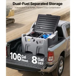 VEVOR Portable Diesel Tank, Separated 106 Gal Diesel & 8 Gal DEF Storage Tank, Leakproof Fuel Transfer Tanks with Pump & 13 Ft Hose, 10 GPM Flow Rate, Gas Storage Tanks for Easy Fuel Transportation