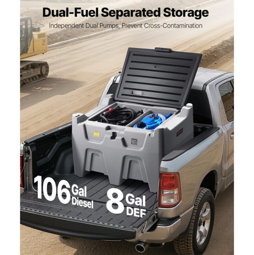 VEVOR Portable Diesel Tank, Separated 106 Gal Diesel & 8 Gal DEF Storage Tank, Leakproof Fuel Transfer Tanks with Pump & 13 Ft Hose, 10 GPM Flow Rate, Gas Storage Tanks for Easy Fuel Transportation