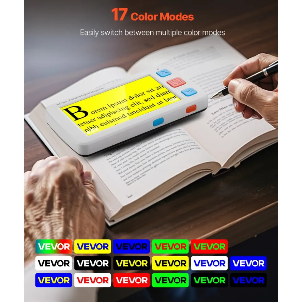 VEVOR Portable Digital Magnifier, 5-inch HD Electronic Video Magnifier for Low Version, 4X - 32X Zoom Electronic Reading Aid with 17 Color Mode, AV Output, Foldable Handle & 5-Level Screen Brightness