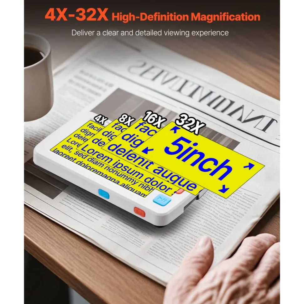 VEVOR Portable Digital Magnifier, 5-inch HD Electronic Video Magnifier for Low Version, 4X - 32X Zoom Electronic Reading Aid with 17 Color Mode, AV Output, Foldable Handle & 5-Level Screen Brightness
