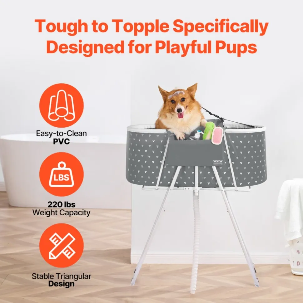 VEVOR Portable Dog Bathtub, Elevated & Foldable Space-saving Pet Shower Station with Efficient Drainage, Bathing Tub for Washing & Grooming Small and Medium Size Dogs and Cats Indoor & Outdoor, Grey