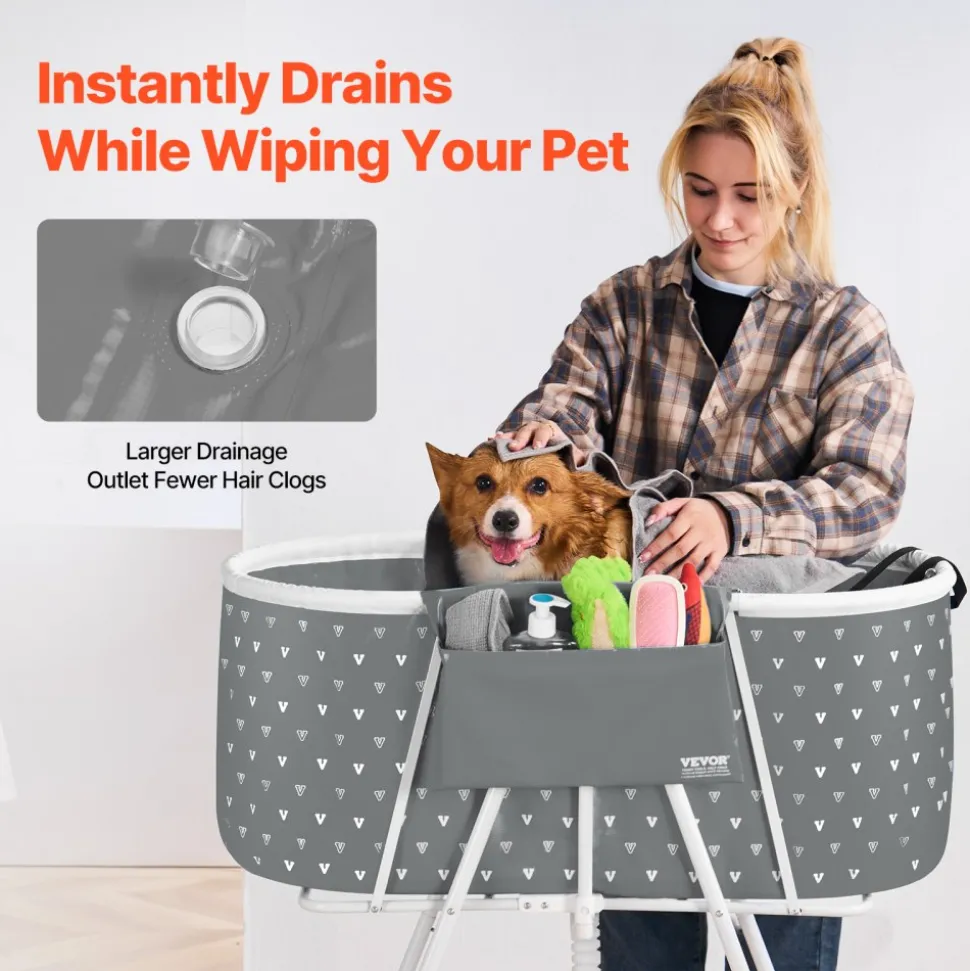 VEVOR Portable Dog Bathtub, Elevated & Foldable Space-saving Pet Shower Station with Efficient Drainage, Bathing Tub for Washing & Grooming Small and Medium Size Dogs and Cats Indoor & Outdoor, Grey