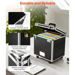 VEVOR Portable File Storage Box, 15.6 x 12.6 x 15 inch Internal Chest Size, Locking Mobile Business Case with Telescopic Handle, Hand pull File Case for Office Home, Offices, Hospitals, Banks