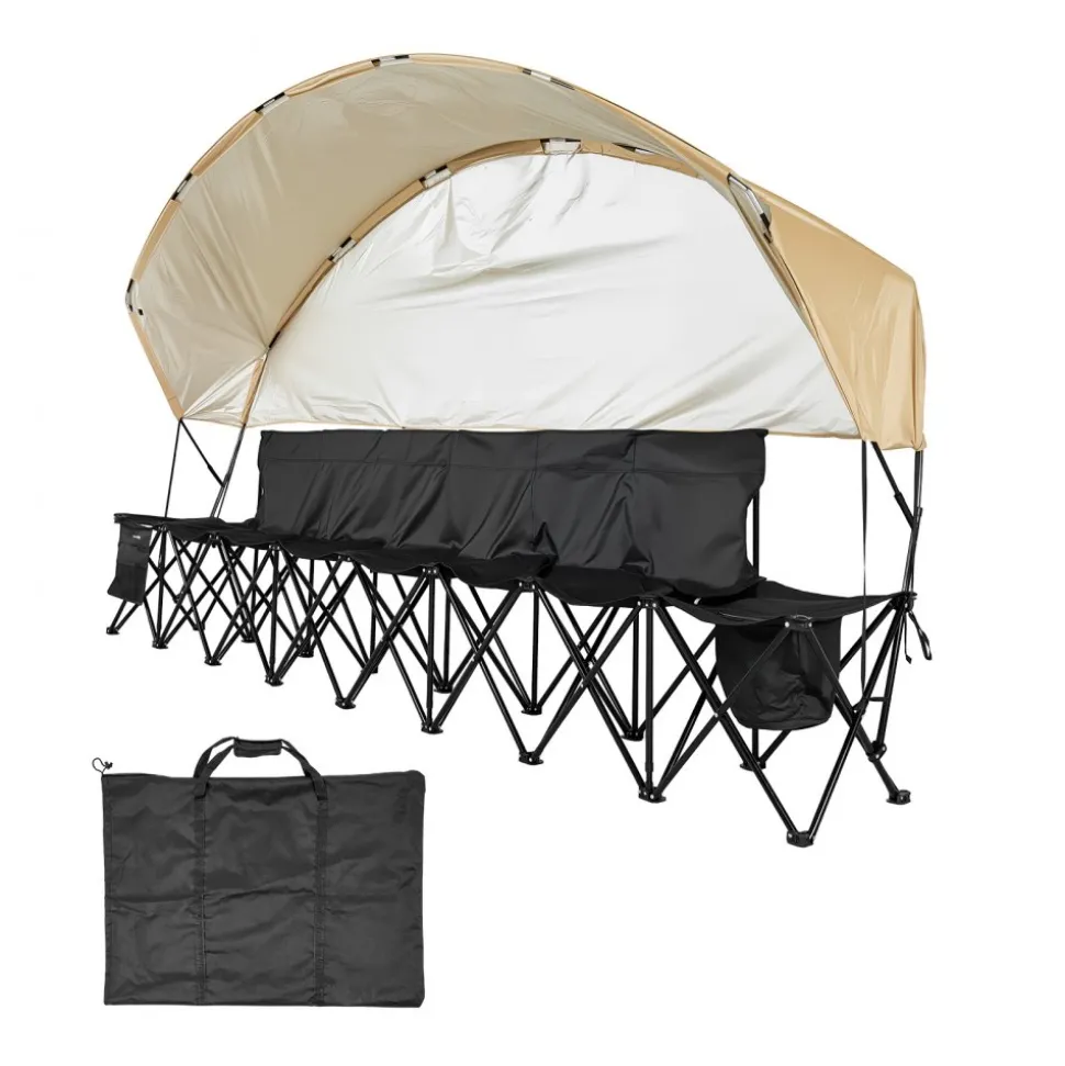 VEVOR Portable Folding Bench, 6 Seat Soccer Bench with Storage Pockets Cup Holders & Carrying Bag, Lightweight Sideline Seating with Sunshade for Football, Baseball, Camping, Outdoor Events, Black
