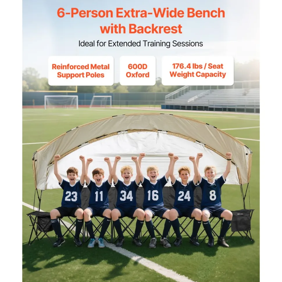 VEVOR Portable Folding Bench, 6 Seat Soccer Bench with Storage Pockets Cup Holders & Carrying Bag, Lightweight Sideline Seating with Sunshade for Football, Baseball, Camping, Outdoor Events, Black