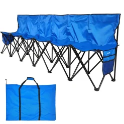 VEVOR Portable Folding Bench, 6 Seat Foldable Soccer Bench with Side Pockets and Carrying Bag, Lightweight Sideline Seating with Back Rest for Football, Baseball, Camping, Outdoor Events, Blue