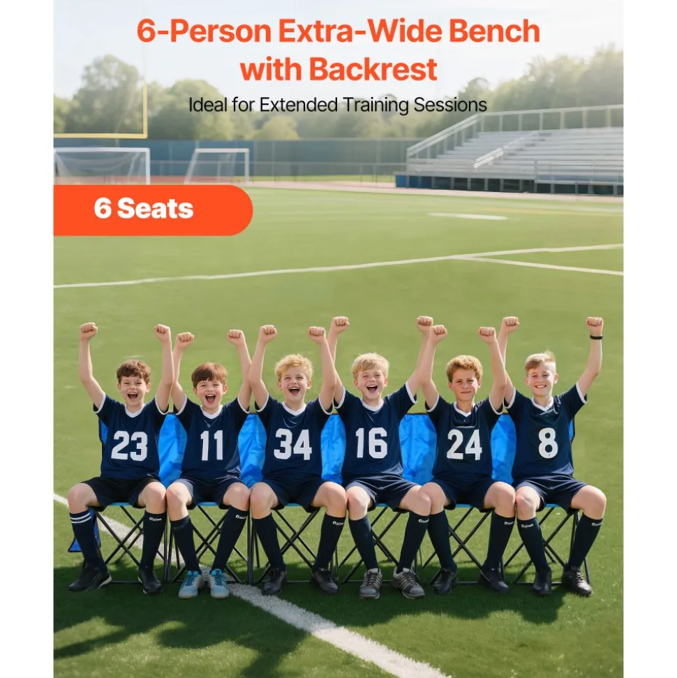 VEVOR Portable Folding Bench, 6 Seat Foldable Soccer Bench with Side Pockets and Carrying Bag, Lightweight Sideline Seating with Back Rest for Football, Baseball, Camping, Outdoor Events, Blue