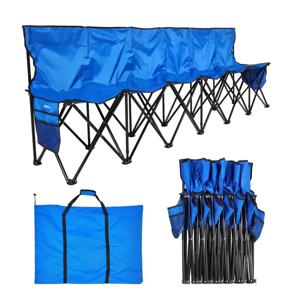 VEVOR Portable Folding Bench, 6 Seat Foldable Soccer Bench with Side Pockets and Carrying Bag, Lightweight Sideline Seating with Back Rest for Football, Baseball, Camping, Outdoor Events, Blue