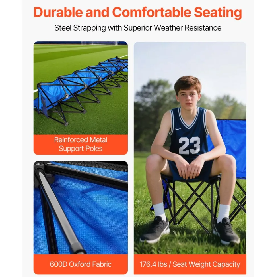 VEVOR Portable Folding Bench, 6 Seat Foldable Soccer Bench with Side Pockets and Carrying Bag, Lightweight Sideline Seating with Back Rest for Football, Baseball, Camping, Outdoor Events, Blue
