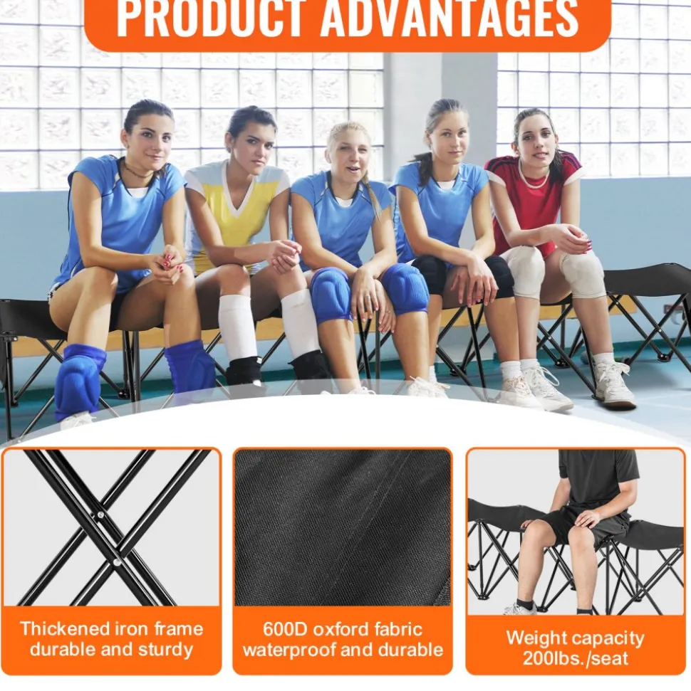 VEVOR Portable Folding Bench, 6 Seat Foldable Soccer Bench with Side Pockets and Carrying Bag, Lightweight 600D Oxford Fabric Sideline Seating, for Football, Baseball, Camping, Outdoor Events, Black