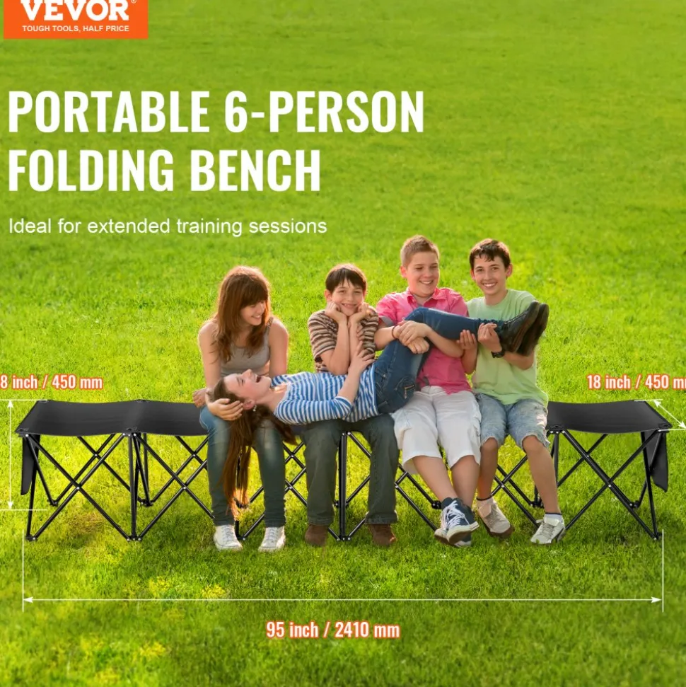 VEVOR Portable Folding Bench, 6 Seat Foldable Soccer Bench with Side Pockets and Carrying Bag, Lightweight 600D Oxford Fabric Sideline Seating, for Football, Baseball, Camping, Outdoor Events, Black