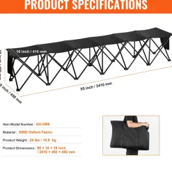 VEVOR Portable Folding Bench, 6 Seat Foldable Soccer Bench with Side Pockets and Carrying Bag, Lightweight 600D Oxford Fabric Sideline Seating, for Football, Baseball, Camping, Outdoor Events, Black