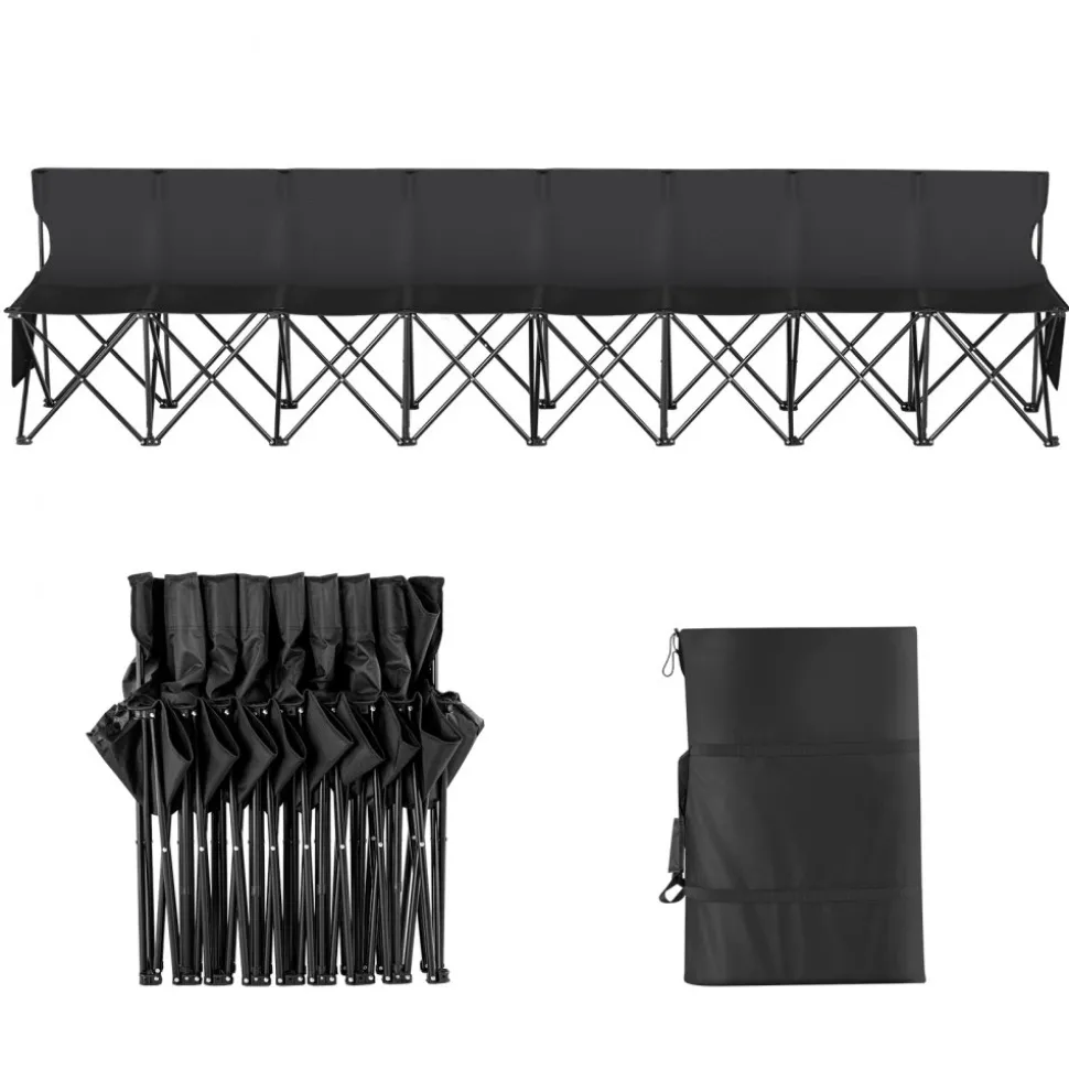 VEVOR Portable Folding Bench, 8 Seat Foldable Soccer Bench with Side Pockets and Carrying Bag, Lightweight Sideline Seating with Back Rest for Football, Baseball, Camping, Outdoor Events, Black