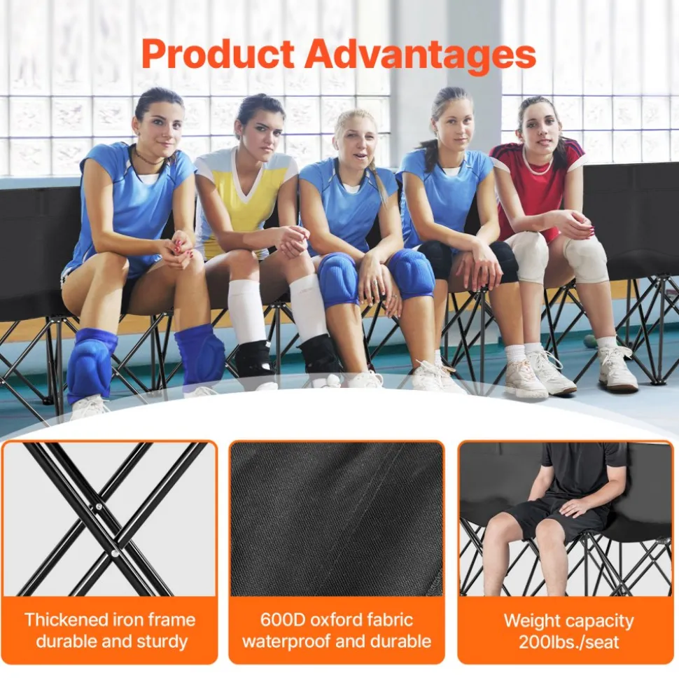 VEVOR Portable Folding Bench, 8 Seat Foldable Soccer Bench with Side Pockets and Carrying Bag, Lightweight Sideline Seating with Back Rest for Football, Baseball, Camping, Outdoor Events, Black