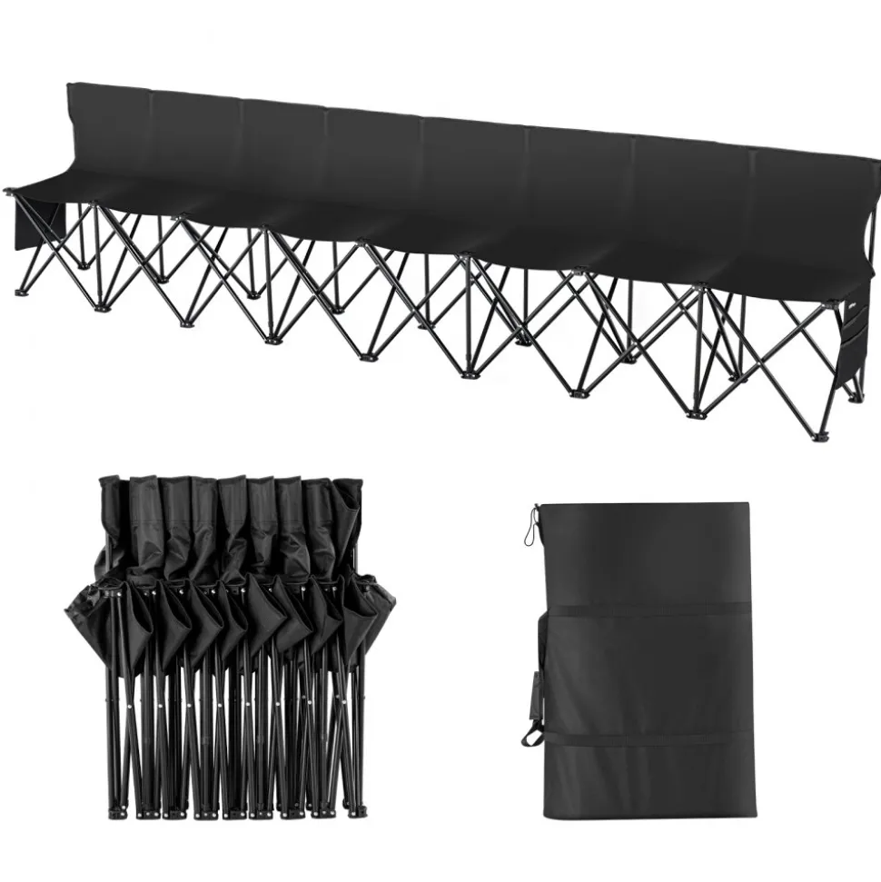 VEVOR Portable Folding Bench, 8 Seat Foldable Soccer Bench with Side Pockets and Carrying Bag, Lightweight Sideline Seating with Back Rest for Football, Baseball, Camping, Outdoor Events, Black