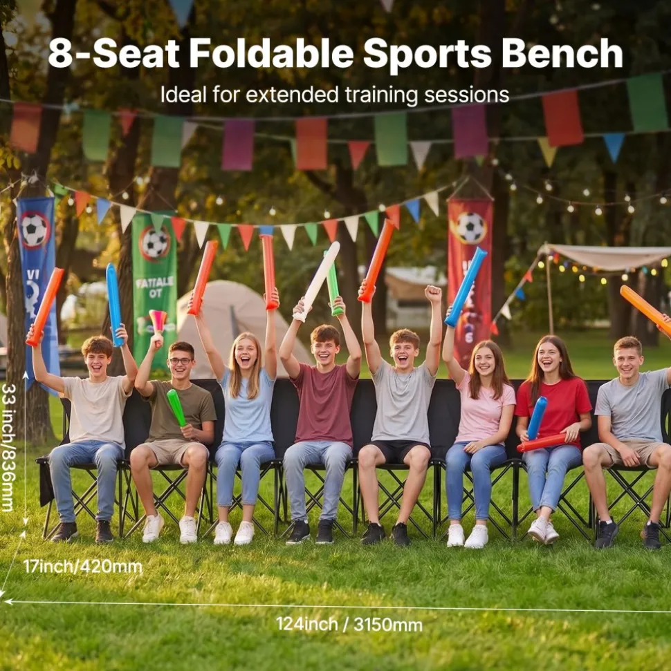 VEVOR Portable Folding Bench, 8 Seat Foldable Soccer Bench with Side Pockets and Carrying Bag, Lightweight Sideline Seating with Back Rest for Football, Baseball, Camping, Outdoor Events, Black