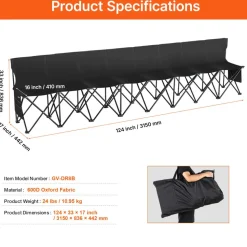 VEVOR Portable Folding Bench, 8 Seat Foldable Soccer Bench with Side Pockets and Carrying Bag, Lightweight Sideline Seating with Back Rest for Football, Baseball, Camping, Outdoor Events, Black