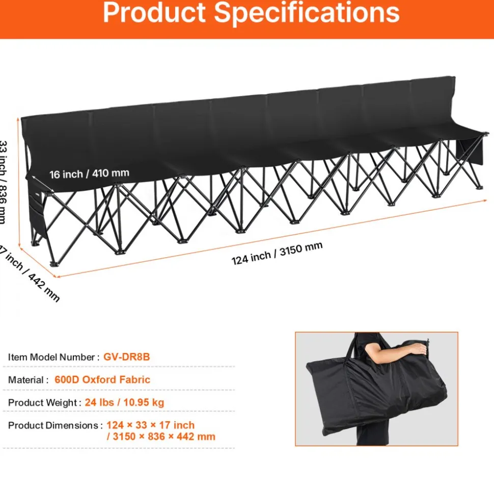 VEVOR Portable Folding Bench, 8 Seat Foldable Soccer Bench with Side Pockets and Carrying Bag, Lightweight Sideline Seating with Back Rest for Football, Baseball, Camping, Outdoor Events, Black