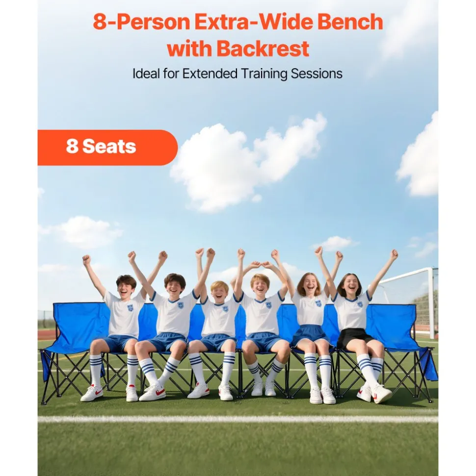 VEVOR Portable Folding Bench, 6 Seat Foldable Soccer Bench with Side Pockets and Carrying Bag, Lightweight Sideline Seating with Back Rest for Football, Baseball, Camping, Outdoor Events, Black