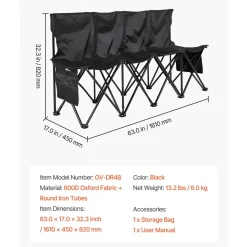 VEVOR Portable Folding Bench, 4 Seat Foldable Soccer Bench with Side Pockets and Carrying Bag, Lightweight Sideline Seating with Back Rest for Football, Baseball, Camping, Outdoor Events, Black