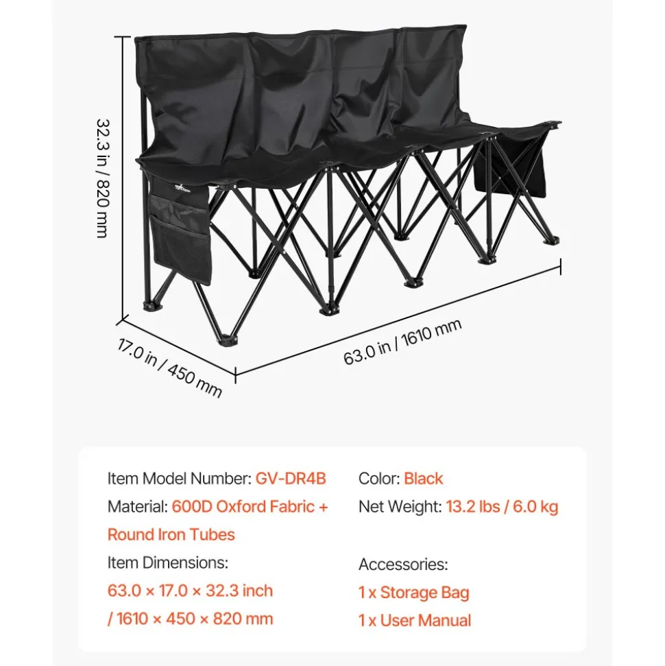 VEVOR Portable Folding Bench, 4 Seat Foldable Soccer Bench with Side Pockets and Carrying Bag, Lightweight Sideline Seating with Back Rest for Football, Baseball, Camping, Outdoor Events, Black
