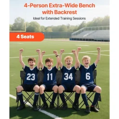 VEVOR Portable Folding Bench, 4 Seat Foldable Soccer Bench with Side Pockets and Carrying Bag, Lightweight Sideline Seating with Back Rest for Football, Baseball, Camping, Outdoor Events, Black