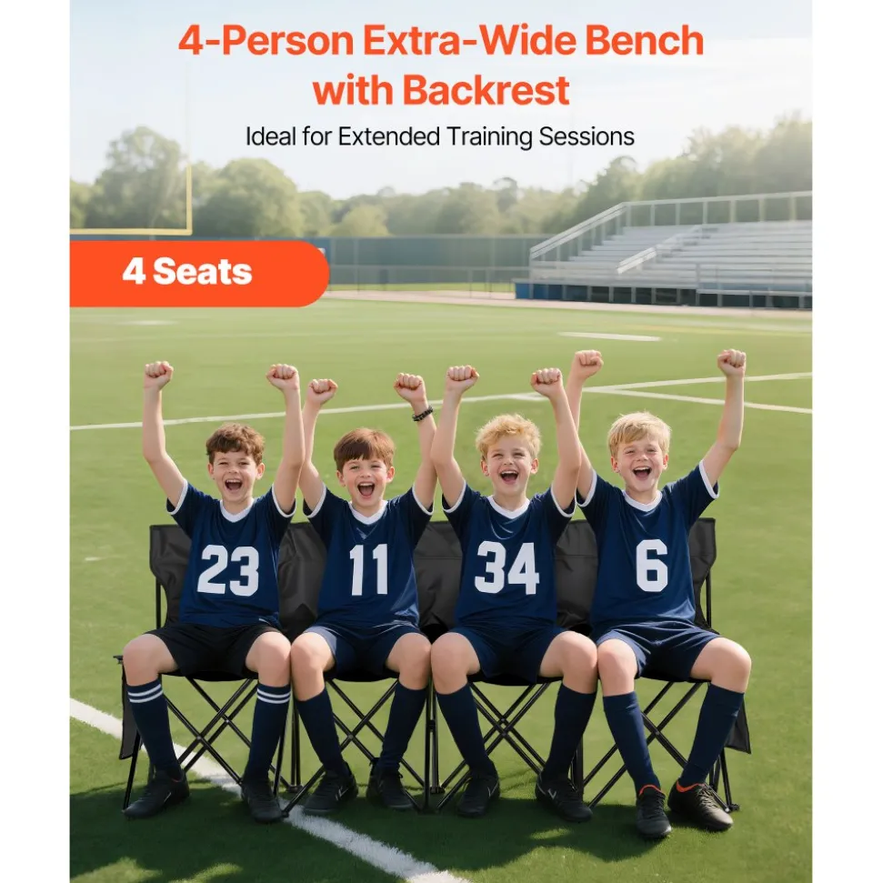 VEVOR Portable Folding Bench, 4 Seat Foldable Soccer Bench with Side Pockets and Carrying Bag, Lightweight Sideline Seating with Back Rest for Football, Baseball, Camping, Outdoor Events, Black