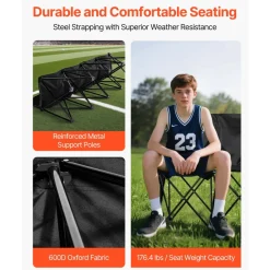 VEVOR Portable Folding Bench, 4 Seat Foldable Soccer Bench with Side Pockets and Carrying Bag, Lightweight Sideline Seating with Back Rest for Football, Baseball, Camping, Outdoor Events, Black