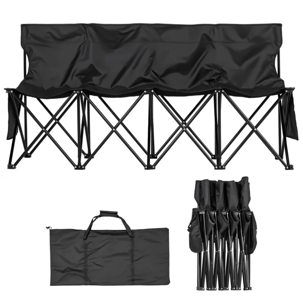VEVOR Portable Folding Bench, 4 Seat Foldable Soccer Bench with Side Pockets and Carrying Bag, Lightweight Sideline Seating with Back Rest for Football, Baseball, Camping, Outdoor Events, Black