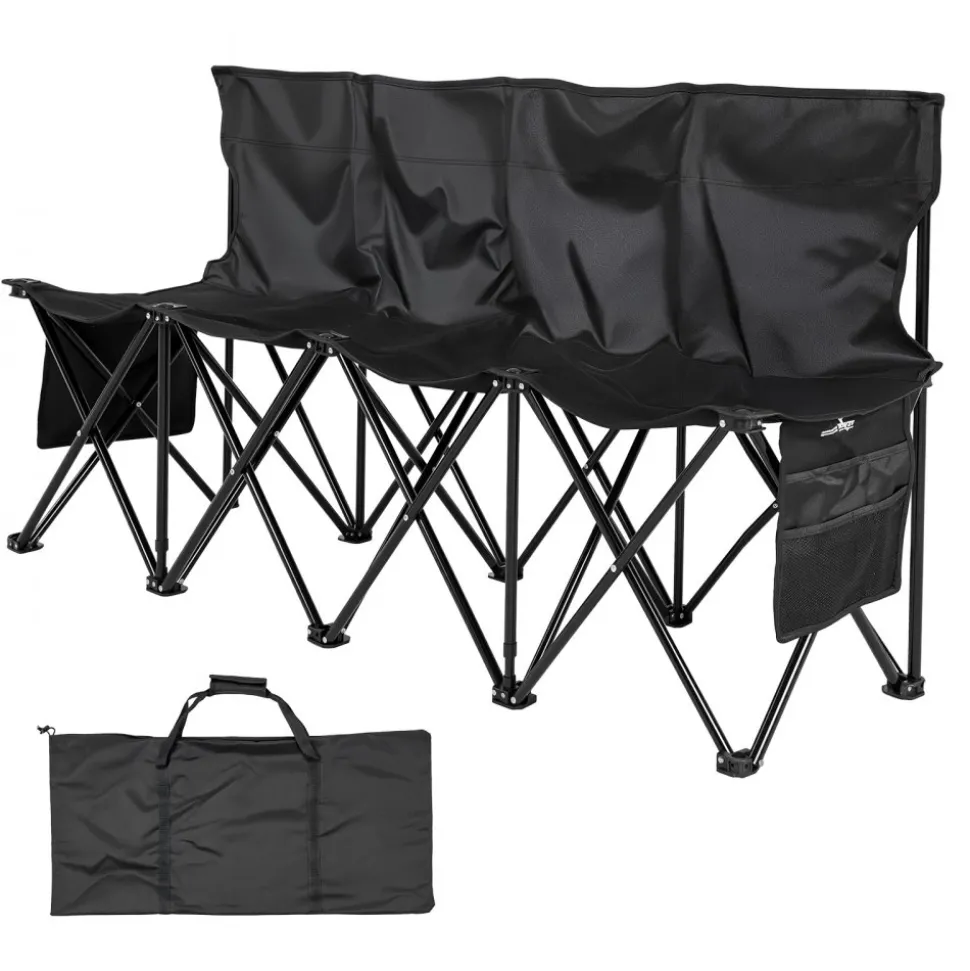 VEVOR Portable Folding Bench, 4 Seat Foldable Soccer Bench with Side Pockets and Carrying Bag, Lightweight Sideline Seating with Back Rest for Football, Baseball, Camping, Outdoor Events, Black