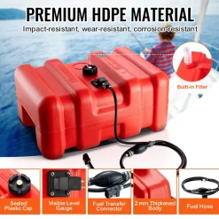 VEVOR Portable Fuel Tank, 12 Gallon/55L, Plastic Outboard Marine Tank with Hose, Easy to Carry for Yacht, Fishing, Deck Boats, Red