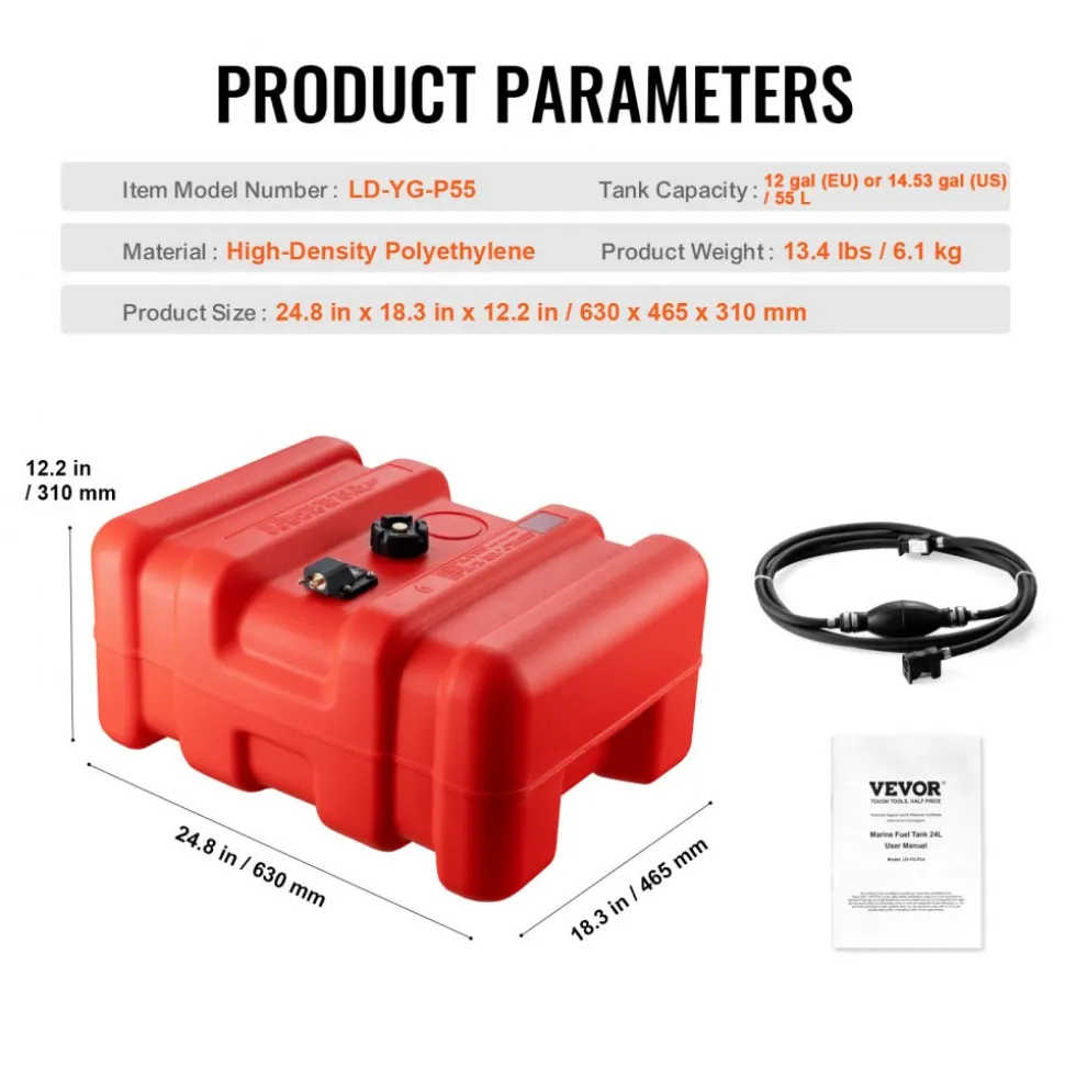 VEVOR Portable Fuel Tank, 12 Gallon/55L, Plastic Outboard Marine Tank with Hose, Easy to Carry for Yacht, Fishing, Deck Boats, Red