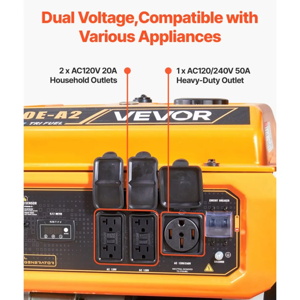 VEVOR Portable Generator, Gasoline 13500W Peak Watt, LPG 12000W Peak Watt & Natural Gas 11000W Peak Watt Tri-Fuel Generator, Home Backup Generators with Electric Start, Gas, LPG & Natural Gas Powered