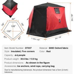 VEVOR Portable Ice Shelter, 4-6 Person Insulated Pop-Up Ice Fishing Tent, 50 Square Feet Fishable Area, Thermal Ice Shanty for Winter Fishing, Ice Cube with Anchors, Ropes, Carrying Bag, 130