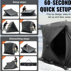 VEVOR Portable Ice Shelter, 3-4 Person Pop-Up Ice Fishing Tent, 35 Square Feet Fishable Area, Ice Shanty for Winter Fishing, Waterproof Oxford Ice Cube with Anchors/Ropes/Carrying Bag, 71"x71", Black