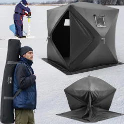 VEVOR Portable Ice Shelter, 3-4 Person Pop-Up Ice Fishing Tent, 35 Square Feet Fishable Area, Ice Shanty for Winter Fishing, Waterproof Oxford Ice Cube with Anchors/Ropes/Carrying Bag, 71
