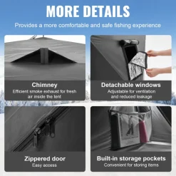 VEVOR Portable Ice Shelter, 3-4 Person Pop-Up Ice Fishing Tent, 35 Square Feet Fishable Area, Ice Shanty for Winter Fishing, Waterproof Oxford Ice Cube with Anchors/Ropes/Carrying Bag, 71