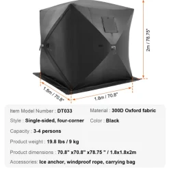VEVOR Portable Ice Shelter, 3-4 Person Pop-Up Ice Fishing Tent, 35 Square Feet Fishable Area, Ice Shanty for Winter Fishing, Waterproof Oxford Ice Cube with Anchors/Ropes/Carrying Bag, 71