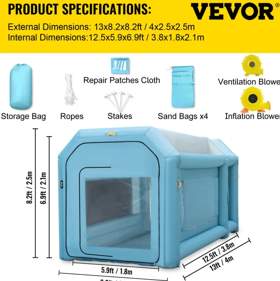 VEVOR Portable Inflatable Paint Booth, 13 x 8 x 8ft Inflatable Spray Booth, Car Paint Tent with Air Filter System & 2 Blowers, Upgraded Blow Up Spray Booth Tent, Auto Paint Workstation Motorcycle Gara