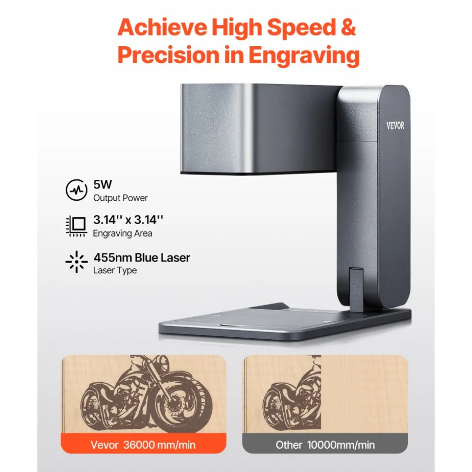 VEVOR Portable Laser Engraver, 600 mm/s High Speed, 5W Handheld Engraving Machine, DIY Laser Engraver and Cutter Basic Set, for Mental, Single Blue Laser Wood, Leather, Arylic, Fiber, Jewelry, Glass